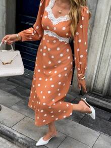 SHEIN PariChic 优雅通勤波点印花蕾丝边连衣裙 - 卡其色 - 查看 4