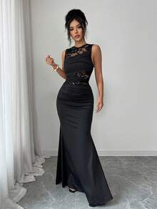 Rafferiza Vestido elegante y sexy de cola de pez con cuello redondo, parche de encaje y volantes en el bajo para mujeres - Negro - Ver 4