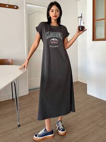 DAZY 长袖圆领字母印花露肩连衣裙 T 恤连衣裙夏季太阳裙，休闲女装 - 深灰色 - 查看 3