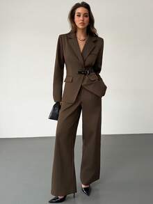 Islaluna Women's Casual Commuter Button-Up Waist Blazer And Pants Suit Set, Autumn - Coffee Brown - View 1