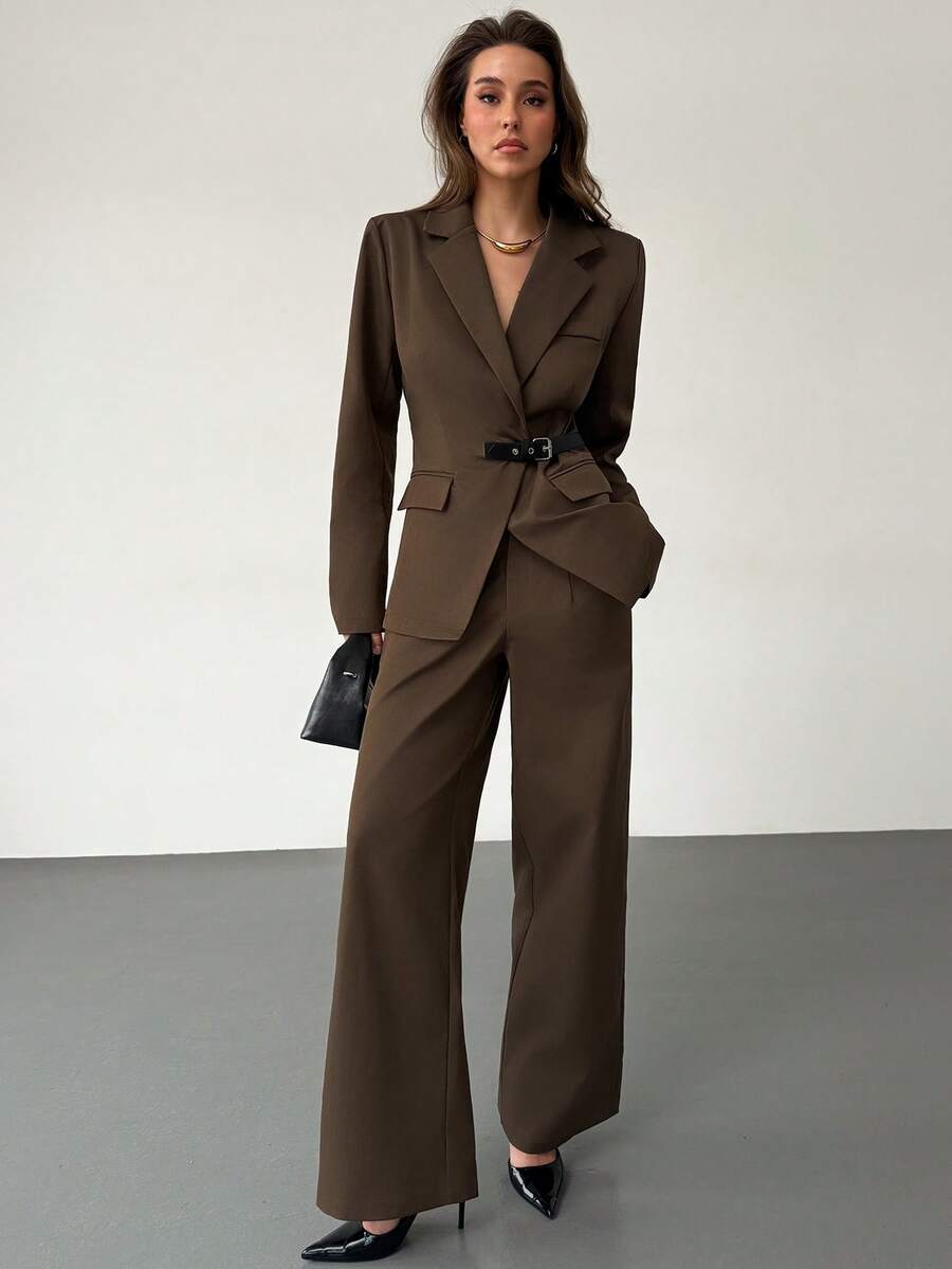 Islaluna Women's Casual Commuter Button-Up Waist Blazer And Pants Suit Set, Autumn - Coffee Brown - View 1