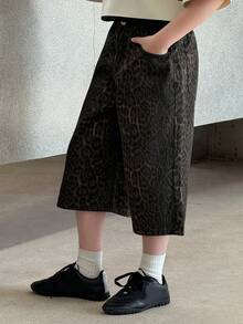 青少年男童豹纹口袋宽松休闲牛仔短裤 - 棕色 - 查看 6