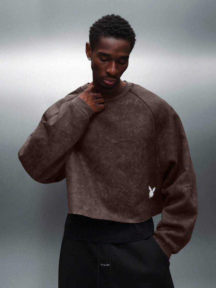 PLAYBOY X SUMWON Wash Effect Crop Fit Sweatshirt With Cut Off Hem