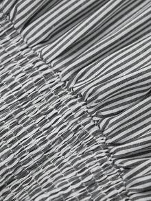 Editum Áo sơ mi nữ tay dài dáng rộng thanh lịch với viền bèo nhún, áo lót đa năng cho mùa thu hè và xuân. - Xanh và trắng - Xem 9