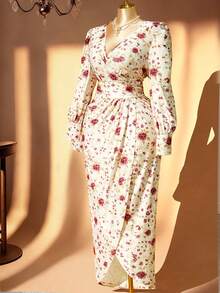 DreamSkyne 大码女式复古法式束腰奢华高端碎花长袖不对称下摆连衣裙，适合日常约会/下午茶、商务通勤、成熟聚会、休闲外出、春夏穿着。 - 彩色 - 查看 7