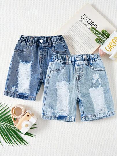 2026 New Arrival Baby Boys' Denim Shorts, 2pcs Set, Summer Fashion Casual Style, Multi-Color Distressed Wash, Elastic Waist, Lightweight Soft Cotton Denim, Must-Have For Stylish Boys, Suitable For Spring/Summer Wear, Daily, Photo Shooting, Outing, Vacation