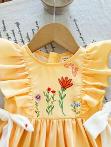 SHEIN Babygirl Cute Floral Print Bow Ruffle Hem Casual Vacation Dress - Yellow - View 5