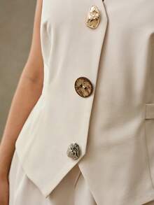 MOTF PREMIUM 加大码单排扣背心，春夏款 - 米色 - 查看 2