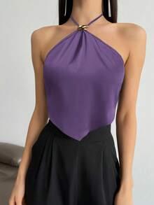 Aloruh Asymmetrical Hem Halter Women Tank Top - Purple - View 3