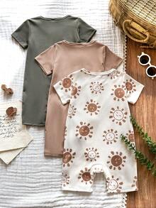 SHEIN Vintaside Kids 3件套新生男宝宝休闲条纹印花连体衣，春夏款 - 彩色 - 查看 2