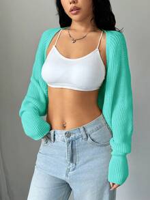 SHEIN Unity Women's Solid Color Short Casual Cropped Cardigan - Green - View 6