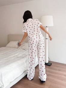 SHEIN Casual Underwear&Sleepwear 心形印花翻领短袖女士睡衣套装 - 白色 - 查看 3