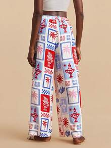 Travachic Pantalones anchos con bolsillos en diagonal con estampado de palmeras para mujer, ideales para vacaciones, primavera y verano, para usar en la playa, vacaciones de primavera - Multicolor - Ver 2