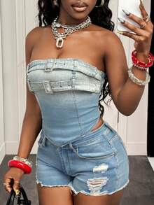 Slaydiva 女士时尚街头风水洗牛仔抹胸上衣，夏季必备 - 淺色水洗藍 - 查看 7