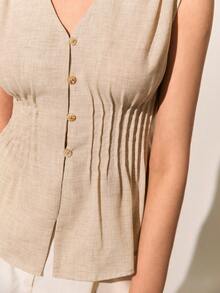 Poéselle Women's Pintucked Blend Peplum Vest Top , Sleeveless V-Neck Button-Down Summer Top, Peplum Top, Sleeveless Button Down, Neutral Summer, Quiet Luxury Fashion, Linen Top, Coastal Grandma Style Sleeveless Slimming Linen-Like Top For Women - Khaki - View 7