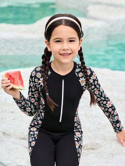 Young Girls One-Piece Swimsuit, Ditsy Floral Patchwork One-Piece Long Sleeve And Pants Swimwear, Modest Coverage Swimsuit For Beach, Pool, Vacation Summer Holiday