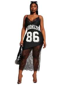 SHEIN SXY Sexy Patchwork Letter Pattern Plus Size Cami Dress Long Sleeveless Spaghetti Strap Knitted Fabric Dress - Multicolor - View 3