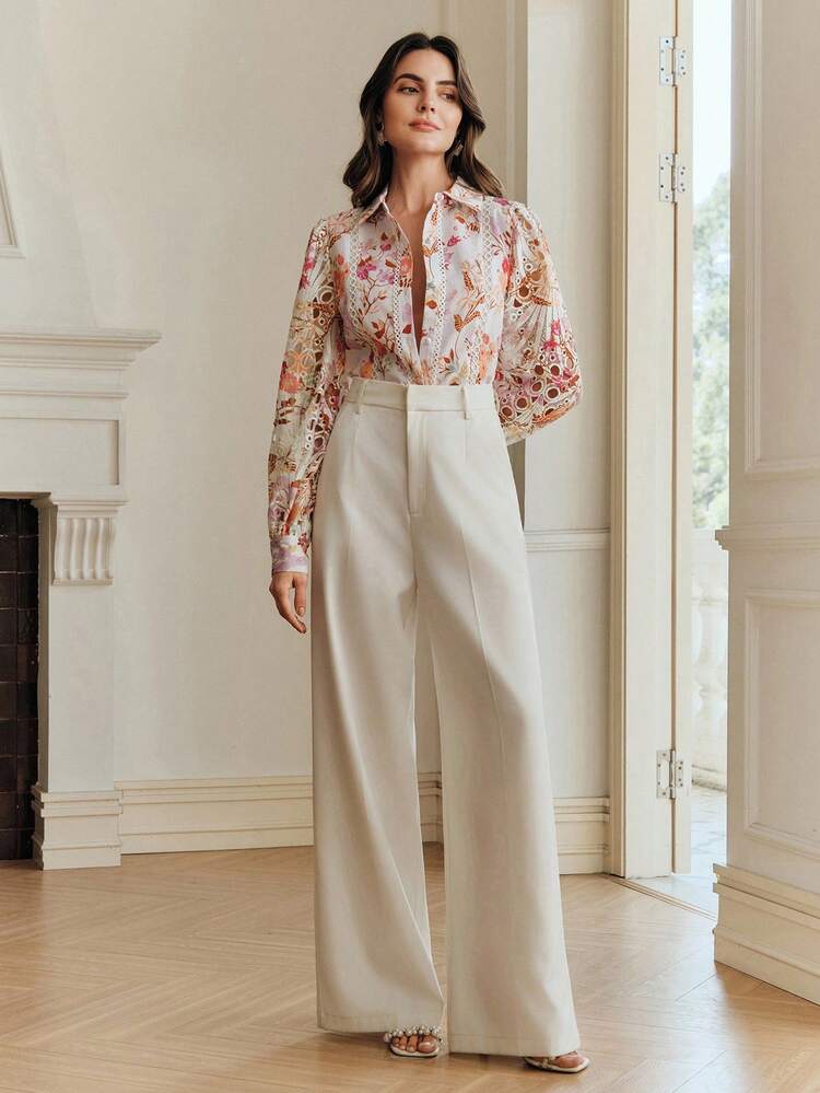 Anewsta New Women's Vacation Elegant Shirt Collar Patchwork Hollow-Out Lace Print Shirt