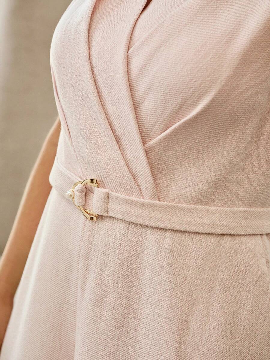 MOTF PREMIUM SLEEVELESS V-NECK BELTED JUMPSUIT, SUITABLE FOR SPRING/SUMMER, VALENTINE'S DAY - Pink - View 2