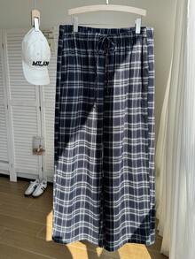 SHEIN EZwear 加大码女式格子裤，黑白格子松紧腰带口袋阔腿休闲宽松裤，女式冬季服装 - 彩色 - 查看 8
