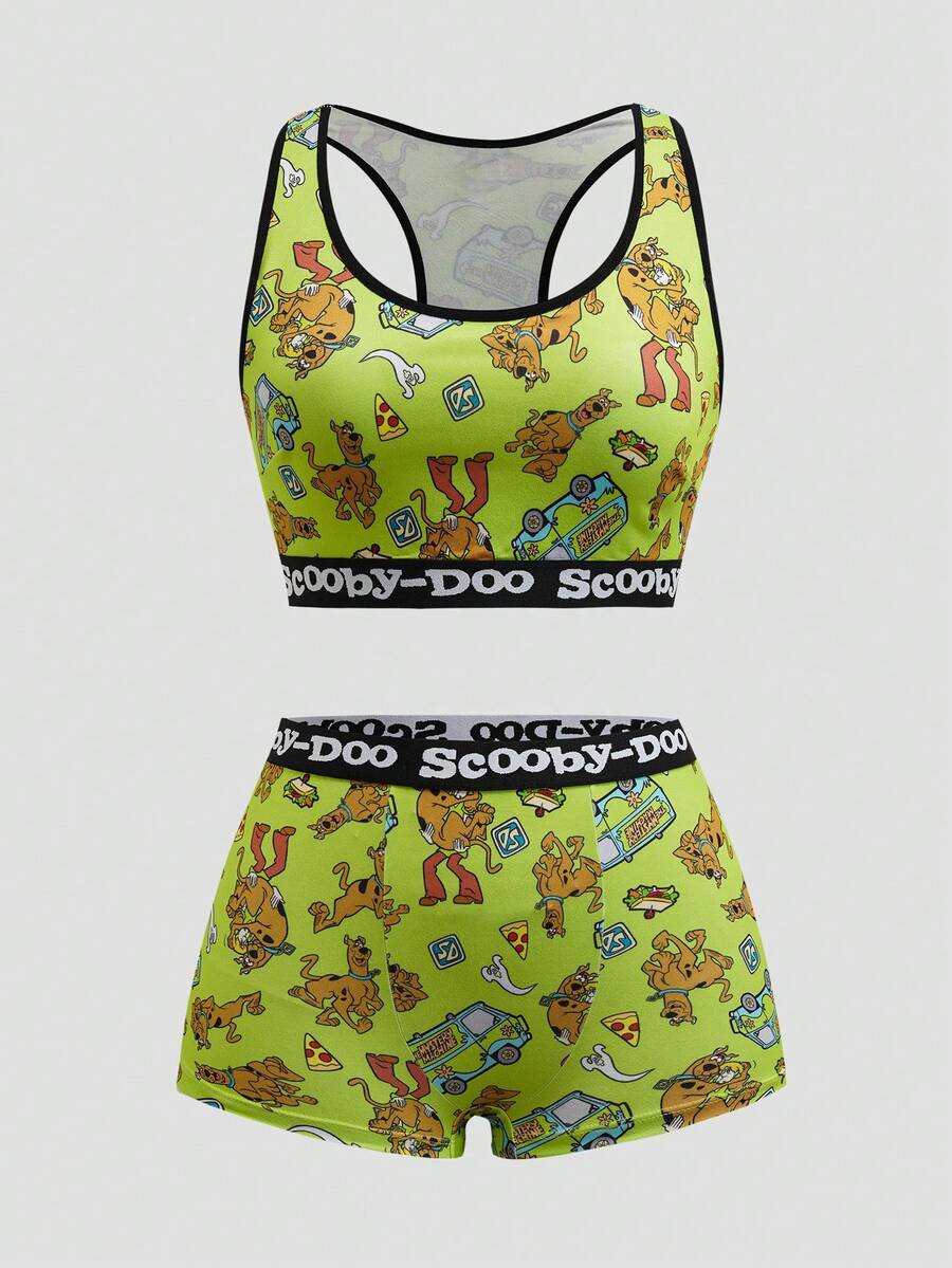 SCOOBY-DOO X SHEIN Women's Comfortable Soft Breathable Dog Print Letter Tape Bra And Panty Set - Green - View 1