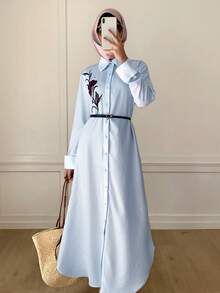 Mulvari Đầm nữ kiểu Ả Rập thêu hoa, cài cúc phía trước, phong cách thường ngày, thích hợp cho mùa thu. - Màu xanh nhạt - Xem 9