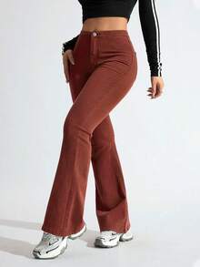 SHEIN EZwear Jeans de pierna acampanada de unicolor y estilo casual - Marrón - Ver 4