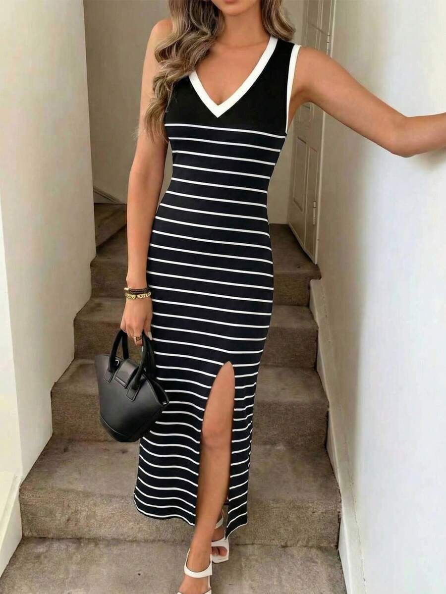 女士条纹印花V领无袖高开衩连衣裙 - 黑與白 - 查看 1