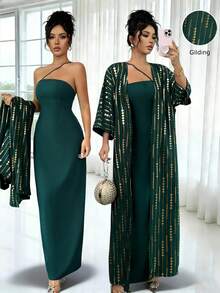 SHEIN Raffinéa Women's Spaghetti Strap Camisole And Women's Long Robe 2 Pieces Set - Dark Green - View 1