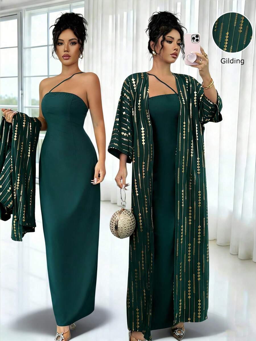 SHEIN Raffinéa Women's Spaghetti Strap Camisole And Women's Long Robe 2 Pieces Set - Dark Green - View 1