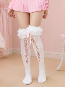 ROMWE Kawaii 1 Đôi Tất Cao Cổ Đến Đầu Gối Phong Cách Ballet Đa Lớp Ren Rỗng Dây Đeo Subculture Spice Girl - Màu trắng 9 - Xem 2