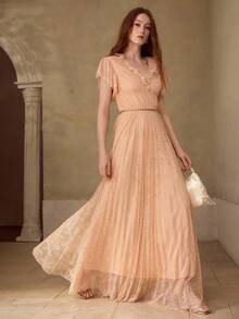 MOTF PREMIUM ĐẦM DÀI DÁNG CHỮ A DÀNH CHO NỮ, THIẾT KẾ XẾP NẾP BẰNG REN, XUÂN/HÈ - Màu be - Xem 5