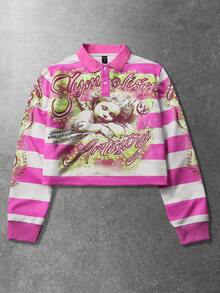 ROMWE MEN Street Life Men's Letter & Stripe Print Long Sleeve Casual Polo Neck Pullover Sweatshirt - Multicolor - View 6