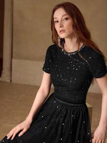 MOTF PREMIUM WOMEN'S TEXTURED KNIT JACQUARD FABRIC ROUND NECK EMBELLISHED ELASTIC T-SHIRT, SPRING/SUMMER - Black - View 1