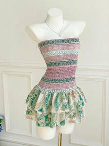 Elamini 佩斯利印花无肩带迷你连衣裙，休闲度假风 - 彩色 - 查看 3