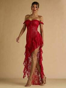 SHEIN BAE Women's Green Spaghetti Strap Spaghetti Strap Backless Ruffle Trim 3D Floral Lace Dress, Elegant Resort Dress, Summer Dress - Red - View 5