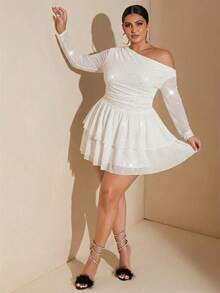 SHEIN BAE Plus Size White Summer Elegant Girlism Night Out Club Party Dresses,Shiny Sequin Rhinestone Asymmetrical Oblique Shoulder Mesh Cascading Ruffle Dress - White - View 3