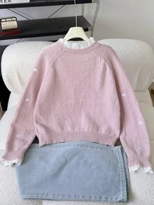 SHEIN 少女休闲家居套头毛衣，优雅刺绣蕾丝饰边爱心图案宽松插肩袖针织衫，柔软舒适厚实 - 藕粉色 - 查看 2