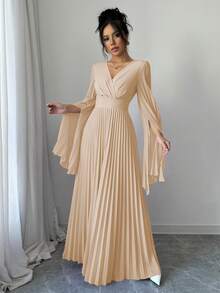 Elenzga V领褶裥开袖优雅浪漫女士连衣裙长款套装 - 卡其色 - 查看 4