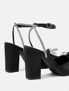 CUCCOO HITCHD Women's Rhinestone Bow Decor Pointed Toe Buckle Design Everyday Versatile Fashion High Heels Valentine's Day Elegant Shoes - Black - View 12