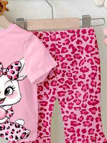 一套女婴可爱兔耳豹纹圆领短袖T恤和喇叭裤套装 - 彩色 - 查看 4
