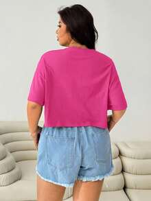 SHEIN EZwear 大码休闲纯色紫红色圆领短袖T恤 - 玫紅色 - 查看 2