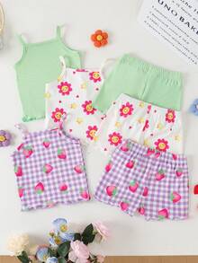 SHEIN Playful Pals 女婴舒适百搭甜美可爱吊带短裤套装，多件套夏季服装 - 彩色 - 查看 2