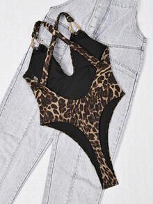 Swim SXY 豹纹深V领交叉绑带丁字连体泳衣，时尚性感 - 彩色 - 查看 7