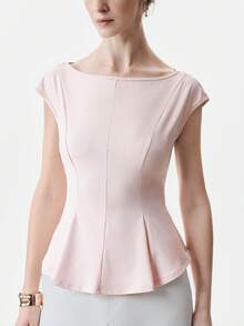 Aalyst Women's Elegant Blush Pink Summer Office T-Shirt,Stretchy Cotton Knit Boat Neck Cinched Waist Flared Hem Top For Wedding,Workplace, Vacation - Baby Pink - View 3