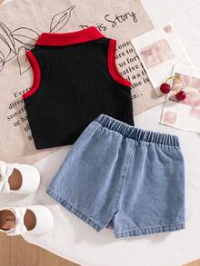 SHEIN Ensemble 2 pièces pour bébé fille, Top en tricot texturé abricot avec col et patchwork en forme de cœur, et jupe-short en jean avec ourlet vague et broderie cerise vintage. Robe cerise pour bébé fille, vêtements d'école. Jupe en jean, jupe en jean cerise pour bébé fille - Multicolore - Voir 2