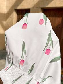 SHEIN Áo bầu cổ vuông tay ngắn in hoa - trắng - Xem 7