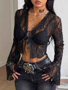 Coolane Women's Spring Streetwear Rave Outfit Music Festival Y2K Goth Chic Lace Stretchy Comfortable Tie Front Cut Out Black Long Sleeve Crop Tops - Black - View 2