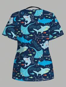 Poshira V-Neck Short Sleeve Casual Minimalist Scrub Uniform Top With Shark All-Over Print - Multicolor - View 2