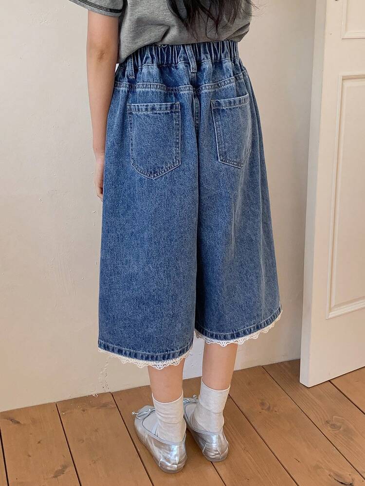 Tween Girls' Summer Casual Distressed Contrast Lace Denim Jeans